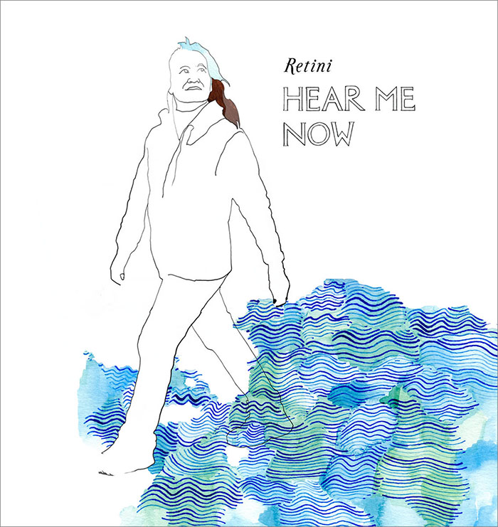 Cover art for Retini's Hear Me Now. A drawing of Retini walking in a sea of painted waves.